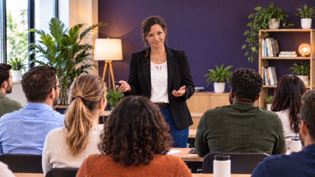 Déborah Ducoup Becker, neuropsychologue, animant une formation devant un groupe de professionnels